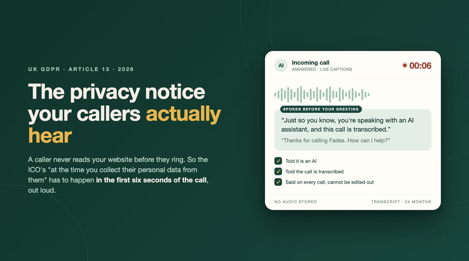 Is an AI Receptionist UK GDPR Compliant? What Callers Must Be Told, and What Your Provider Owes You (2026)